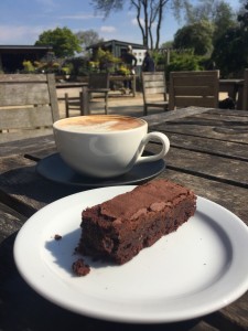 Birthday coffee and GF brownie in the sunshine